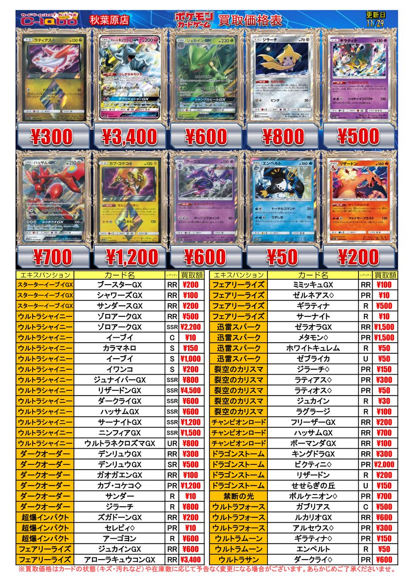 カードラボ秋葉原ラジオ会館本店 オンラインデュエルスペース稼働中 Twitterren ポケカ 買取情報 買取価格表を更新いたしました ラティアス Pr 300円 ギラティナ R 500円 アブリボン みつあつめ U 0円 アローラガラガラgx プロモ 100円 喰いつくされた原野