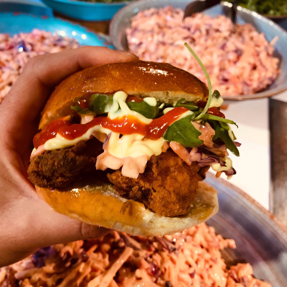 Korean chicken burgers 500 portions today!! 🍔 <a href="/minglai24/">Ming Lai</a> <a href="/christinabenj/">Christina Benjamin</a>