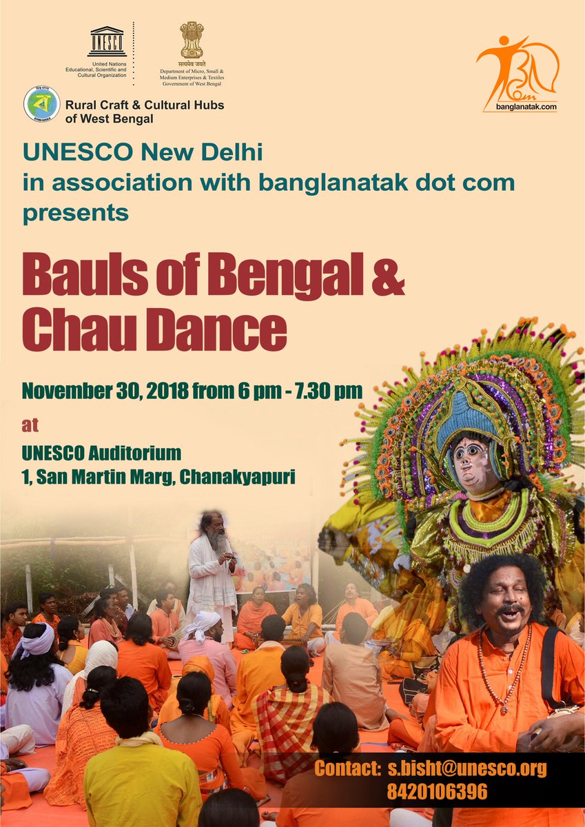 You are invited! 
Join us for a one-hour mesmerizing performance by #Bauls of Bengal and #ChauDance tomorrow!

Both art forms are elements from #India inscribed on @UNESCO's Representative List of the Intangible Cultural Heritage of Humanity. 

#UNESCO #Heritage #Culture #ICH