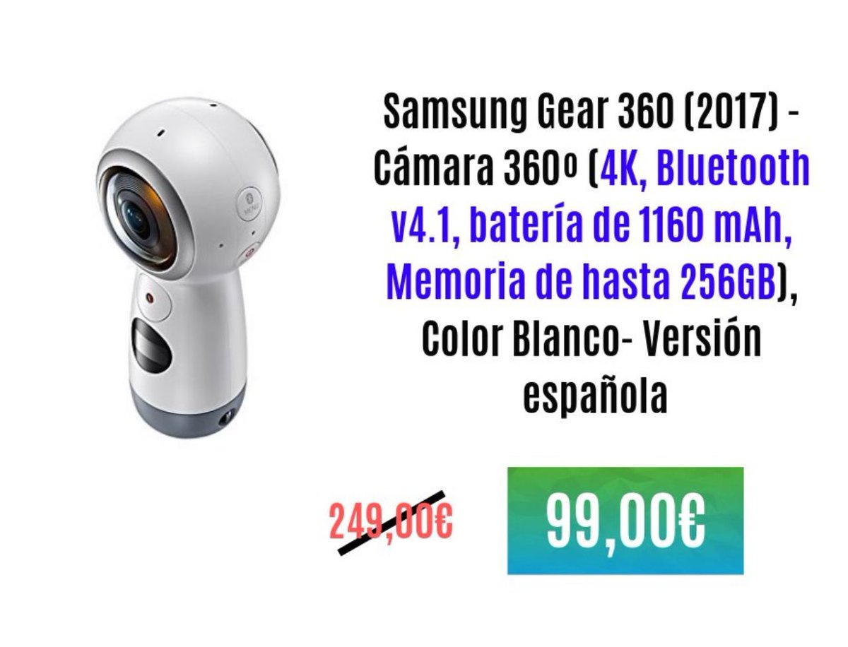 CholloPrecio's tweet photo. Samsung Gear 360 (2017) - Cámara 360º (4K, Bluetooth v4.1, batería de 1160 mAh, Memoria de hasta 256GB), Color Blanco- Versión española 
Por solo: 99,00€ (PVP: 249,00€) 

👉🏼 Enlace del chollo: https://t.co/ARpjScSG3A

#amazon #chollo #descuento #camara https://t.co/w31VYCBAE5