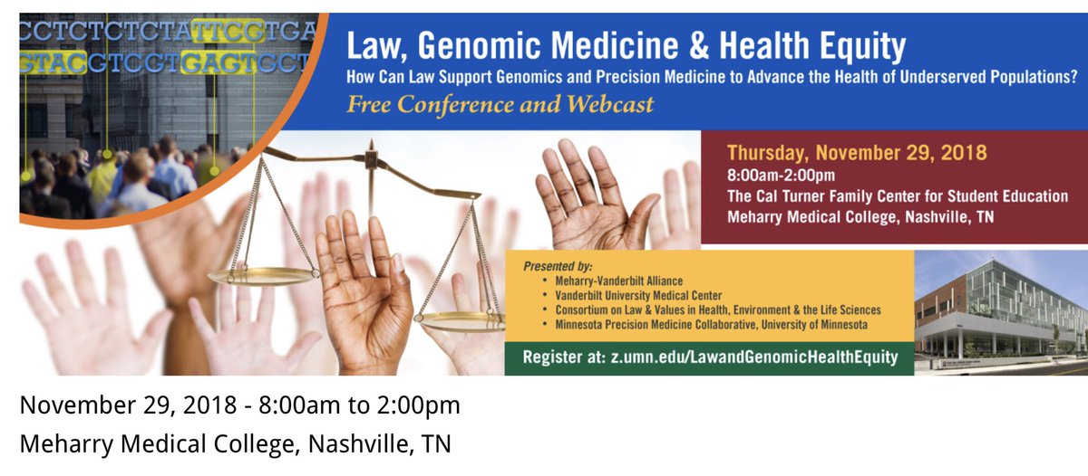 DrCHWilkins's tweet photo. Our Law, Genomics and Health Equity conf is today. Not too late to join us @MeharryMedical or via web https://t.co/XlCXevYWH8 #GenomicEquity https://t.co/A8cbkNJK7p