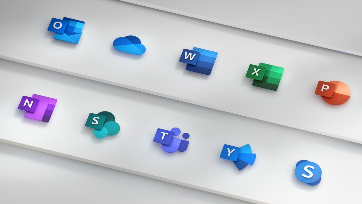 alexmuench's tweet photo. New Office app icons. More colors, abstraction and skeuomorphism. No more angled letters, thank god. They could now establish “letter inside a square” for each app. Clever. https://t.co/nidxlMinYS https://t.co/FYkmEtjOJT