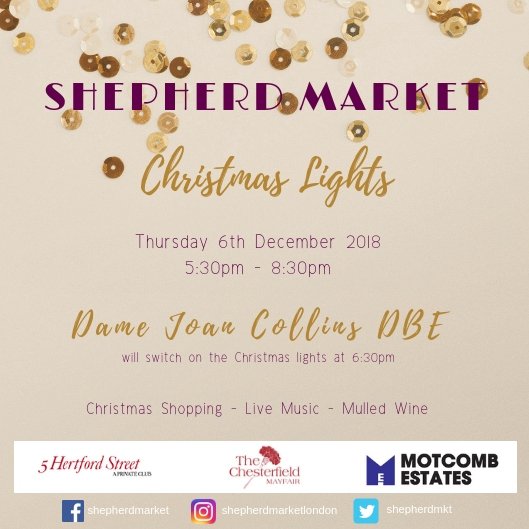 Do hope you can make it down to <a href="/ShepherdMkt/">Shepherd Market London</a> for the Christmas Light event next Thursday 6th December, 5.30pm onwards. #mayfair #christmaslights