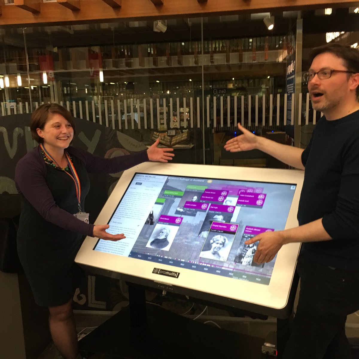 With their fingers on the interactive histropedia timeline ⁦<a href="/RachelHosker1/">Rachel Hosker</a>⁩ ⁦<a href="/emcandre/">Ewan McAndrew</a>⁩ launch #vote100 interactive display ⁦<a href="/CRC_EdUni/">Centre for Research Collections</a>⁩ ⁦<a href="/EdUniMainLib/">University of Edinburgh Main Library</a>⁩ #womeninitexcellence