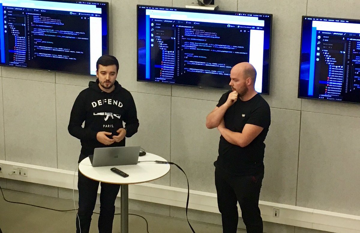 Mortenkirstein's tweet photo. @MikkelDamm &amp; Per from #dinero speaking about Angular in the dinero application at @ngaarhus. Watch the livestream https://t.co/WBX81YmnOQ https://t.co/5QaT1SEAZP