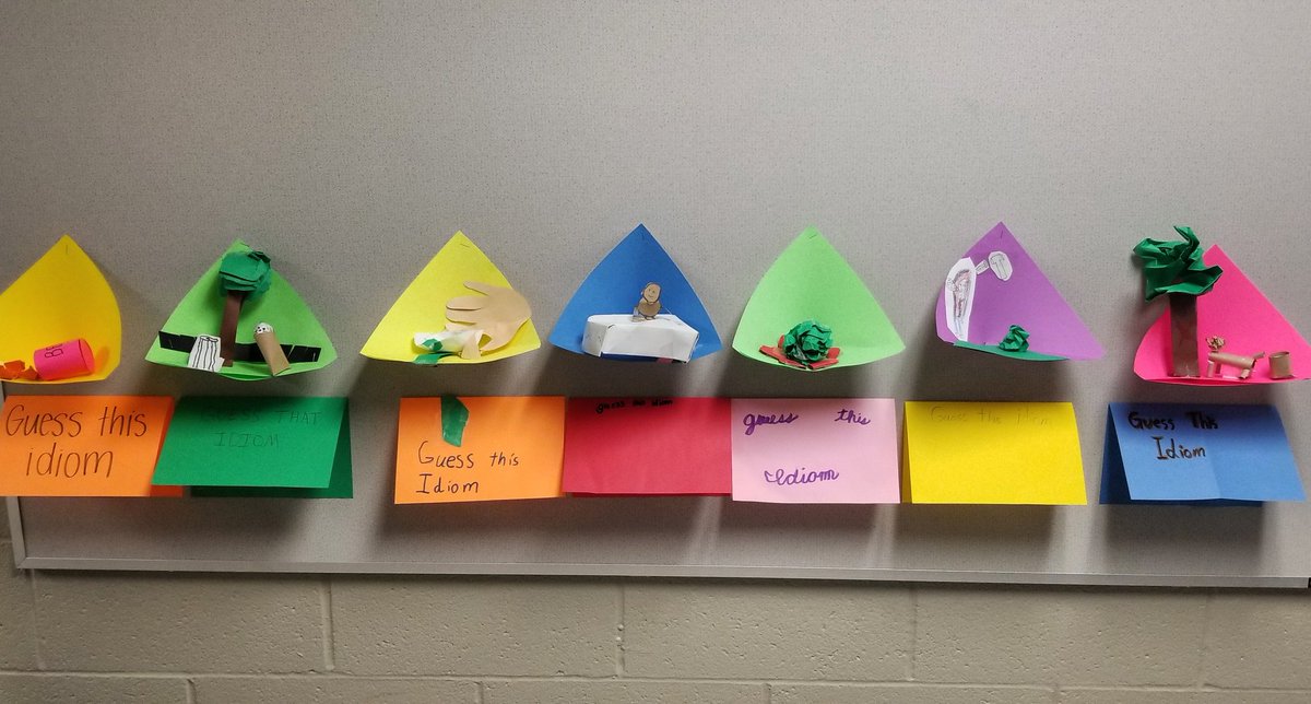 MissBurchill3rd's tweet photo. We made literal representations of idioms today!

L-R: spill the beans, let the cat out of the bag, out of hand, chip off the old block, beat around the bush, hit the nail on the head, and barking up the wrong tree

#PRASlearns https://t.co/CDDmu1rdAg