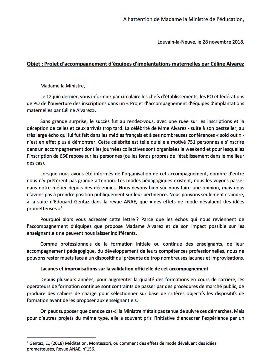 phwatrelot's tweet photo. En Belgique aussi, les pratiques de Céline Alvarez suscitent des interrogations . Voici un courrier collectif envoyé à la Ministre de l'éducation par des formateurs d'enseignants et des chercheurs à la suite d'une formation commandée directement par la Ministre. https://t.co/lvTOeiT1jV