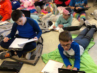 Every day is pajama day somewhere at MPES. Today, it's Mrs. Zulauf's class reviewing multiplication through Kahoot and engaging in sustained silent reading with flashlights, peaceful music and the comforts of home. This is a fun way to celebrate great work!