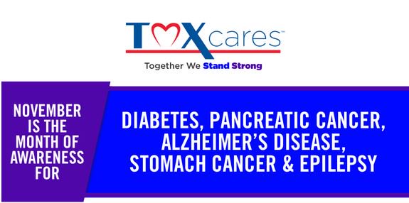 Join us Friday and wear blue and/or purple to help raise awareness for Diabetes, Pancreatic Cancer, Alzheimer’s, Stomach Cancer, and Epilepsy. #TMXCares