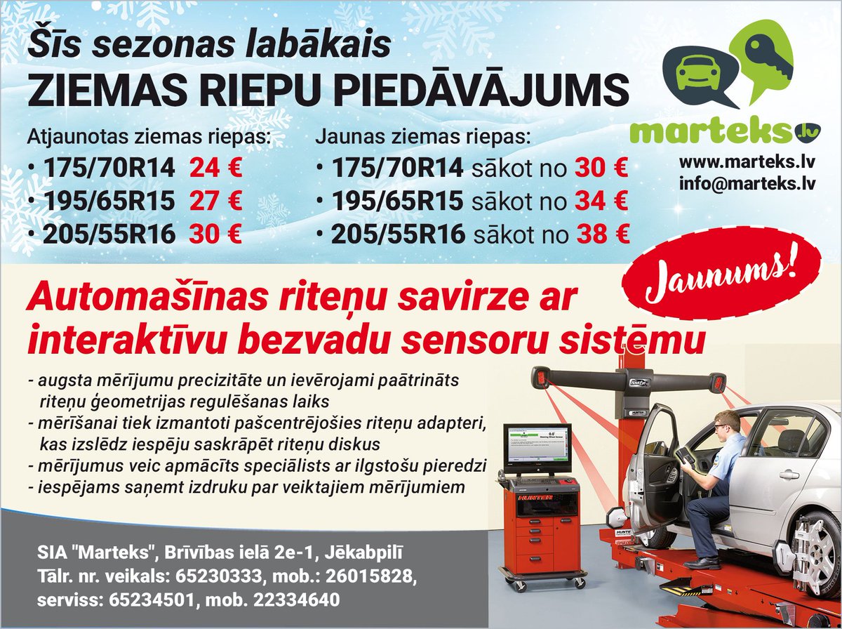Marteksauto's tweet image. No 1. decembra ziemas riepas ir obligāta prasība! Ja vēl lūko pēc jaunām ziemas riepām, brauc pie mums!
