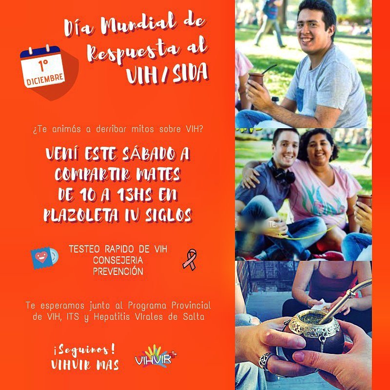 VihvirMas's tweet photo. 🗓 1° de Diciembre: DIA MUNDIAL DE RESPUESTA AL VIH/SIDA 
¿Te animás a derribas mitos sobre #vih?
➡️ VENI A COMPARTIR UNOS RICOS MATES de 10 a 13hs en Plazoleta IV Siglos⬅️
✔️ Testeo Rapido de vih
✔ Consejería
✔ Prevención 
¡Te esperamos! https://t.co/3fYERrwHjk
