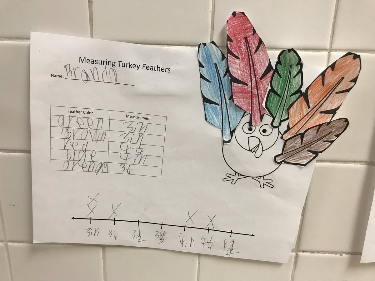 Mrs_ShannonRay's tweet image. (Prior to thanksgiving) We colored, cut, and measured turkey feathers. We then plotted the measurements on a line plot! We, of course, then decorated our turkey! #fcpsmath