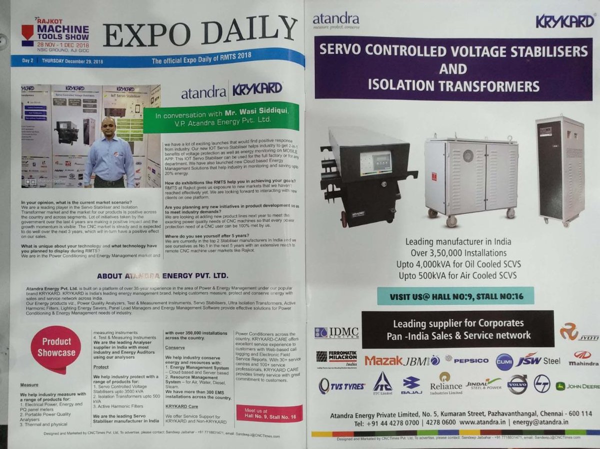 AtandraEnergy's tweet photo. #KRYKARD India's leading Power Conditioning and Energy Management Solutions featured in CNC Times @ Rajkot Machine Tools Show 2018
#energy #exhibition #RMTShow #Rajkot #stabilizers #CNCTimes #manufacturing https://t.co/Kh22Ou3Qmc