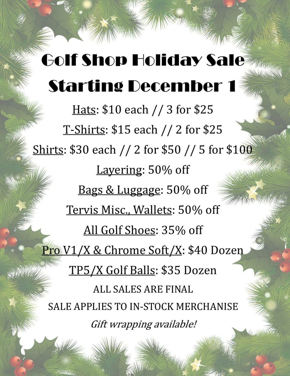 Do you still have Holiday shopping to do?! The Findlay Country Club Golf Shop has the perfect variety of both men's and women's merchandise. Our Holiday Sale begins on Saturday, December 1 on in-stock merchandise only!