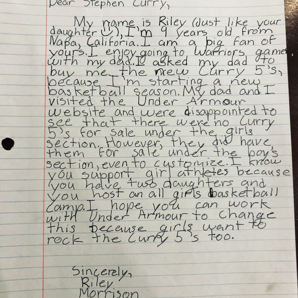 SBNation's tweet image. A 9-year-old fan named Riley Morrison wrote to @StephenCurry30 asking why his sneakers don&apos;t come in girls sizes. 

Steph wrote back saying he’s fixing the situation❤️