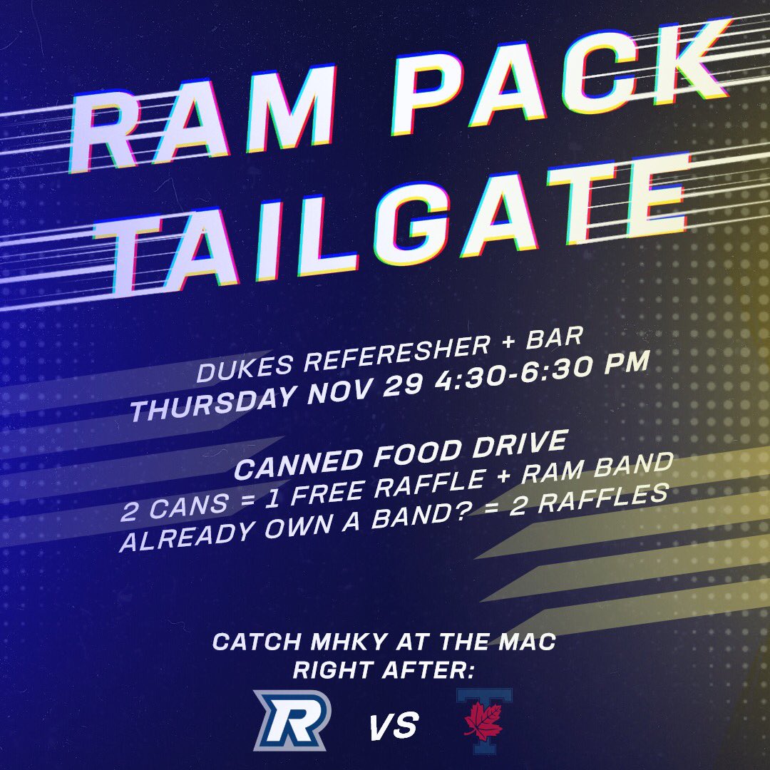 RyersonRamPack's tweet photo. 🚨TAILGATE IS HERE🚨
Come to @DukesRefresher at 4:30 today! $5 PBRs, $6 APPs, and a chance to win LEAFS TICKETS!
Raffle will be drawn @ 6:30, before we march to the MAC, so don’t miss out!
Our Rams Men’s Hockey team faces off against U of T at 7:15pm! DONT MISS IT! 🏒🐏 https://t.co/oPBCyqgTjo
