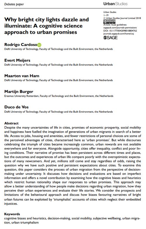 New #DebatesPaper on Why bright city lights dazzle and illuminate: A cognitive science approach to urban promises  <a href="/1RodrigoCardoso/">Rodrigo Cardoso</a> @EvertMeijers <a href="/maarten_van_ham/">Maarten van Ham</a> @DWdeVos ow.ly/hBdC30mMIUF