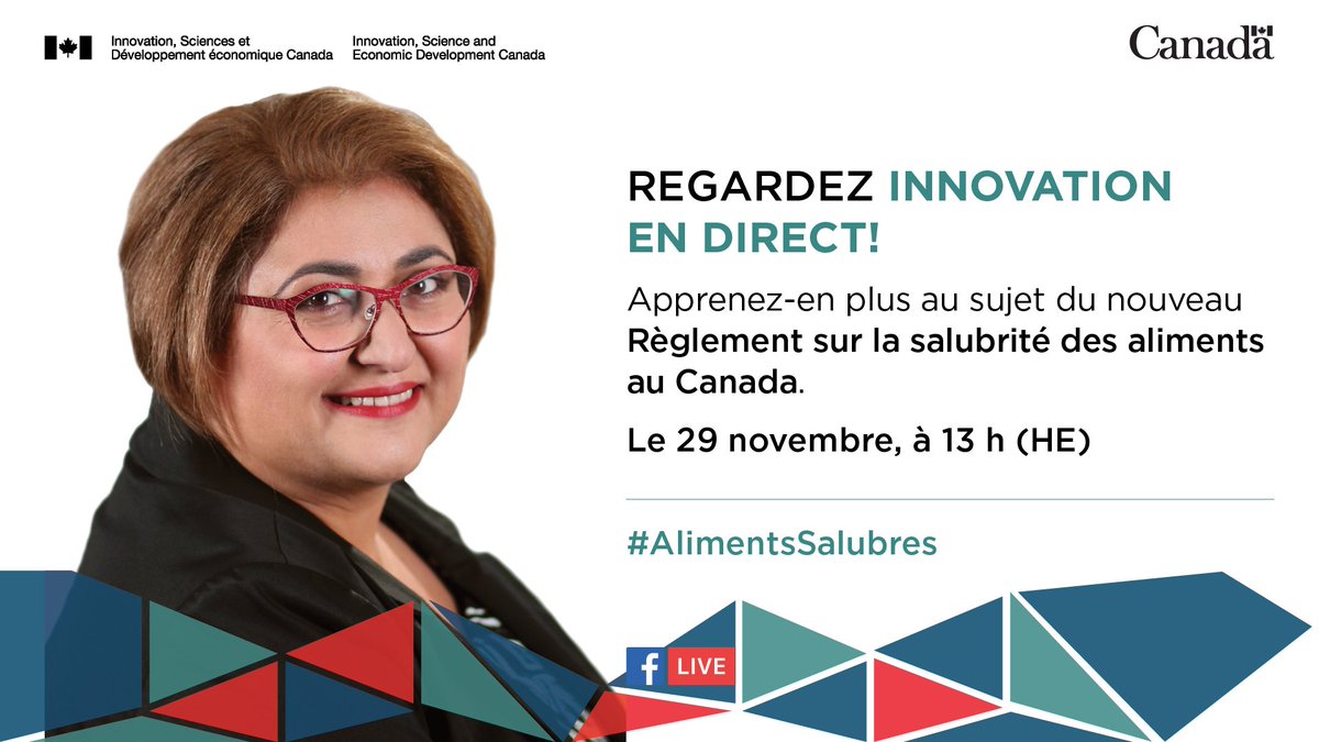 ISDE_CA's tweet photo. 🔔 Regardez #InnovationEnDirect 🎥 sur FB auj. à midi (HE). Nos animateurs parleront avec la chef adj. de la salubrité des aliments du Canada, Aline Dimitri, du Règlement sur la #salubritédesaliments qui entrera en vigueur le 15 janvier. @ACIA_Aliments https://t.co/PtYGglKTxM https://t.co/pKgzUZOgYr