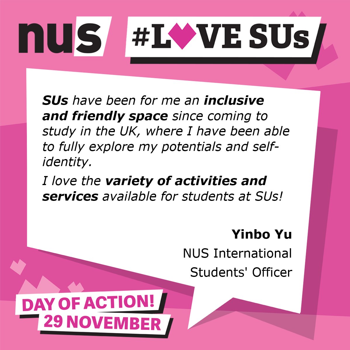 It's #LoveSUs Day and <a href="/Yinbo_Yu/">Yinbo Yu</a> NUS International Students' Officer has something to say to you 😍 Use our templates to share your own message buff.ly/2AwvPc1 👈 👈