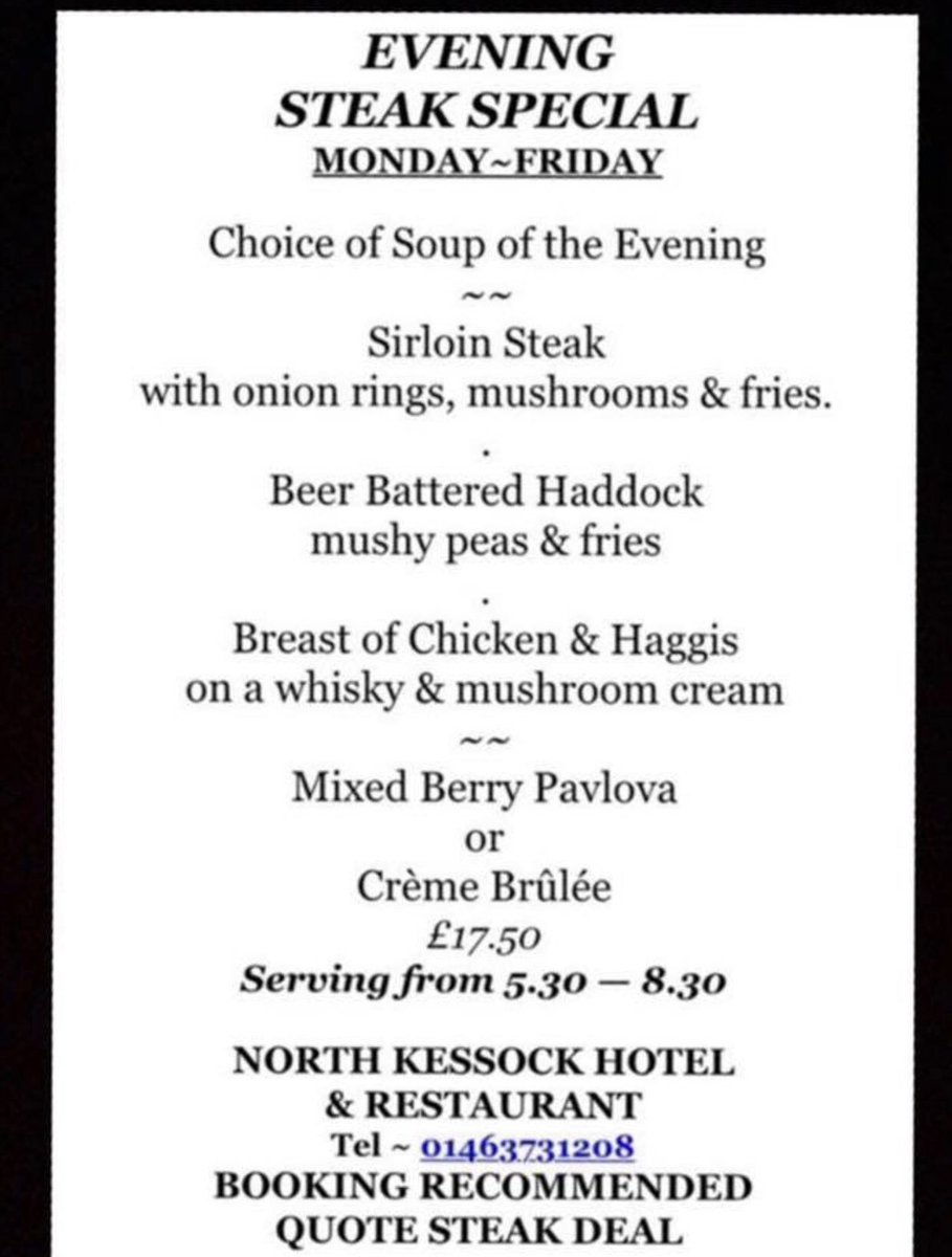 This Fantastic Deal ends on Friday! 
Book your table for the last 2 nights on 01463 731208.  🍽. An offer not to be missed. <a href="/NorthCoast500/">North Coast 500</a> @KessockClub <a href="/InvernessTaxis/">Inverness Taxis</a> <a href="/christiecmp/">Liam Christie</a> <a href="/VisitScotland/">VisitScotland</a> @northhighland1 #steak #dinnerdate #ThursdayMotivation #dinner #Highlands