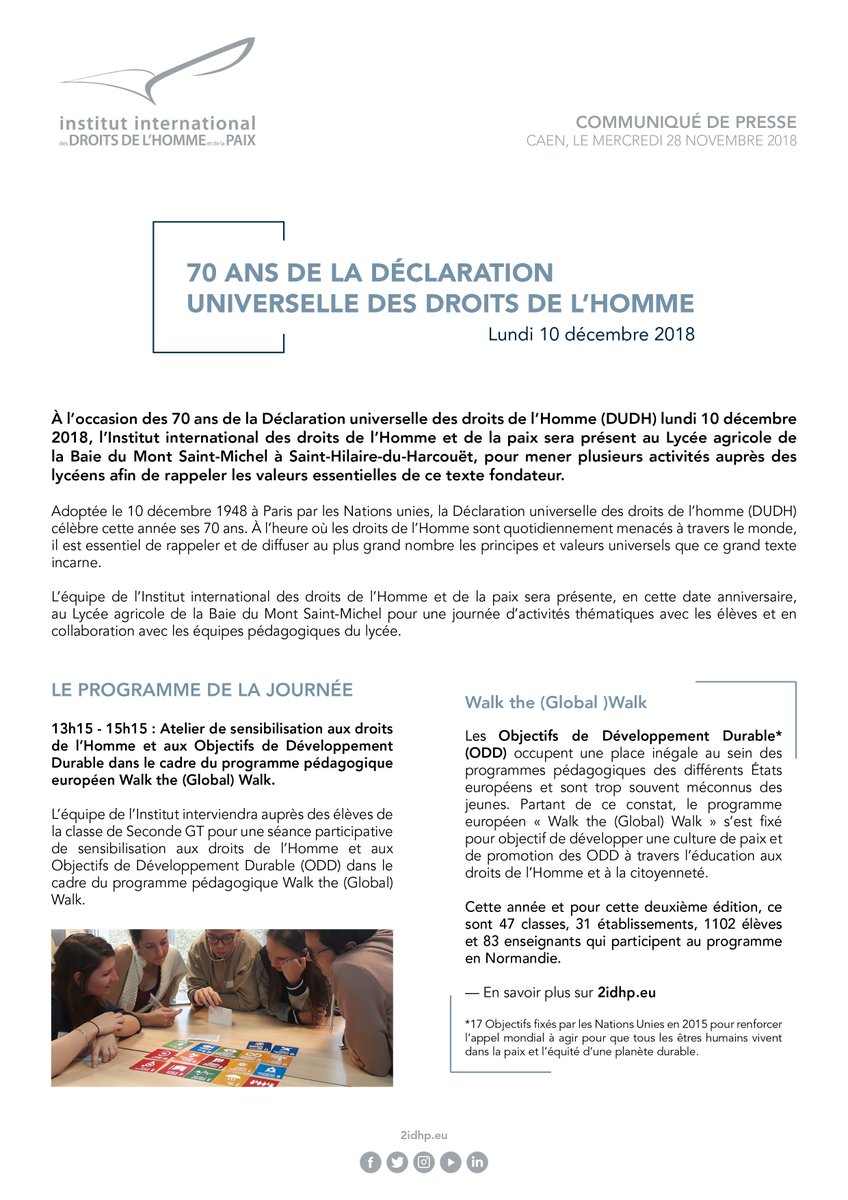 2idhp's tweet photo. #Communiqué — À l’occasion des 70 ans de la #DUDH le 10 décembre 2018, #2IDHP sera au Lycée agricole de la Baie du Mont Saint-Michel (50) pour mener plusieurs activités auprès des élèves afin de rappeler les valeurs essentielles de ce texte fondateur #DUDH70 #StandUp4HumanRights https://t.co/joXprNYGn8