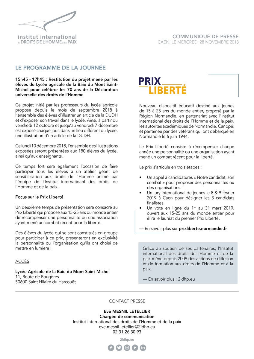 2idhp's tweet photo. #Communiqué — À l’occasion des 70 ans de la #DUDH le 10 décembre 2018, #2IDHP sera au Lycée agricole de la Baie du Mont Saint-Michel (50) pour mener plusieurs activités auprès des élèves afin de rappeler les valeurs essentielles de ce texte fondateur #DUDH70 #StandUp4HumanRights https://t.co/joXprNYGn8