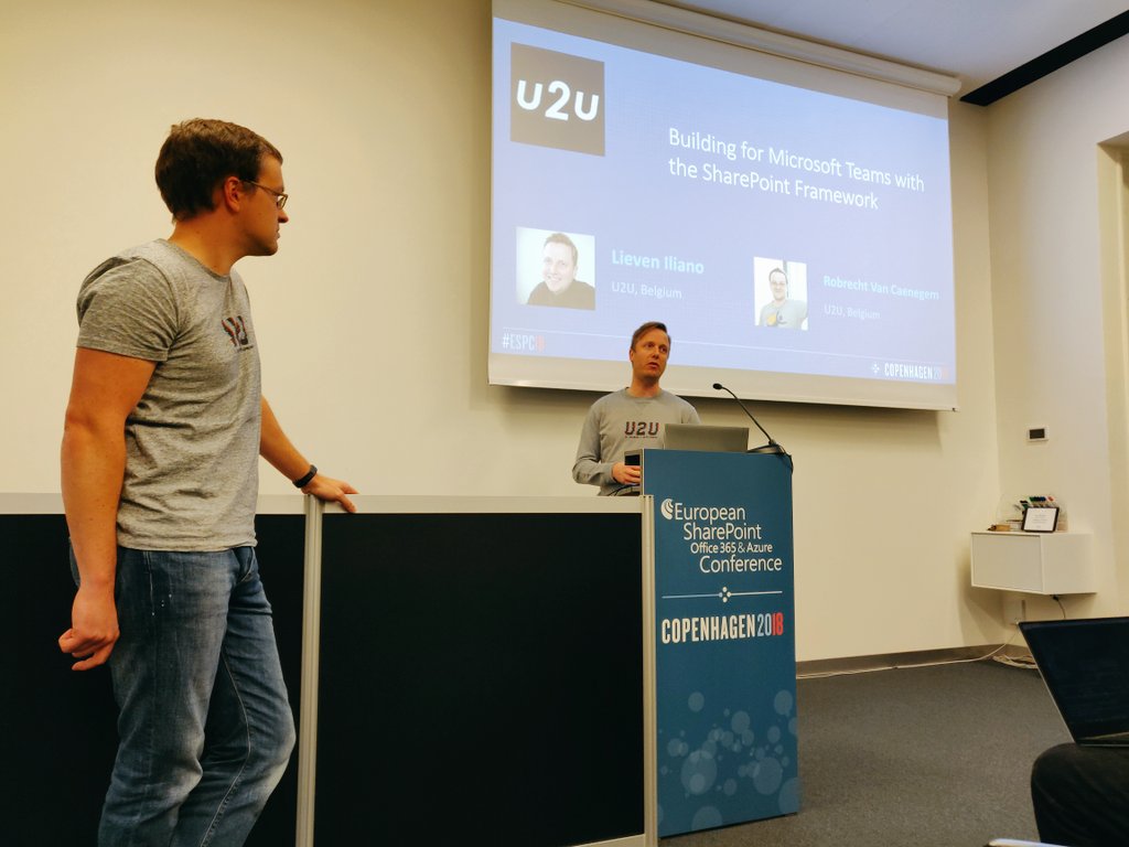 <a href="/lieveniliano/">Lieven Iliano</a> and <a href="/rovcaene/">Robrecht Van Caenegem</a> kicking off their session about #MicrosoftTeams  and #spfx #development at #ESPC18