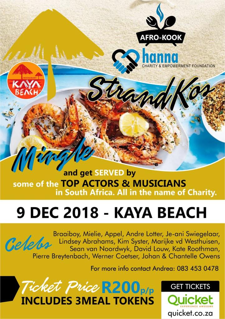 Moenie hierdie misloop nie!!! 9 Desember KAYA BEACH Pretoria. Ons eerste Afro-Kook event vir #hannacharity Kom ondersteun ons dit gaan amazing wees!!!