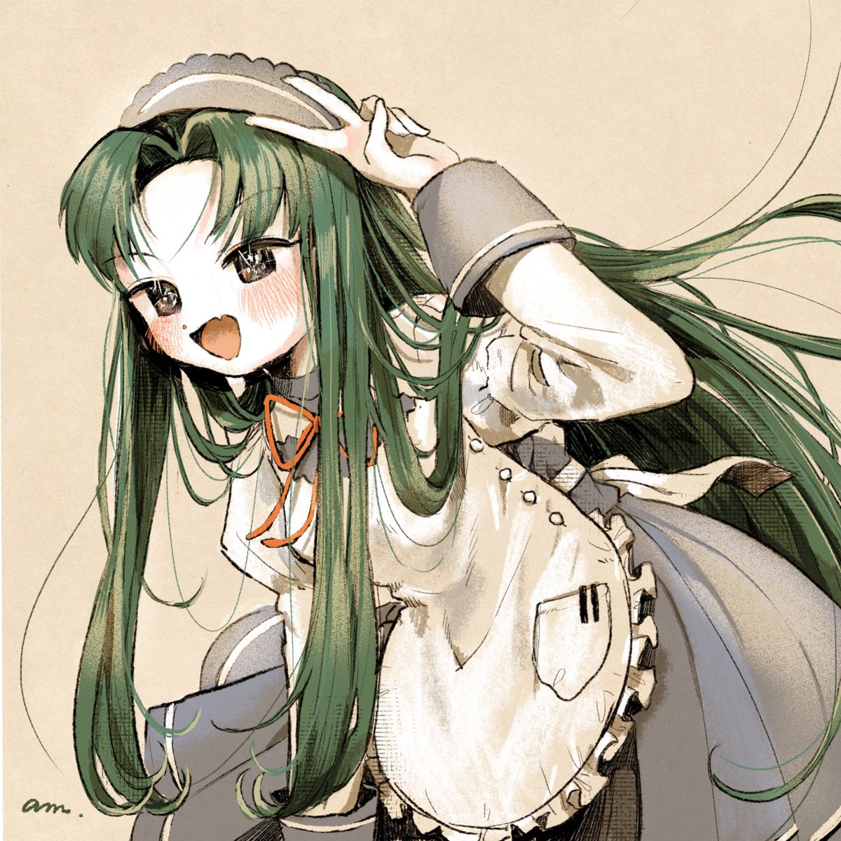 tsuruya 1girl long hair solo green hair very long hair apron official alternate costume  illustration images