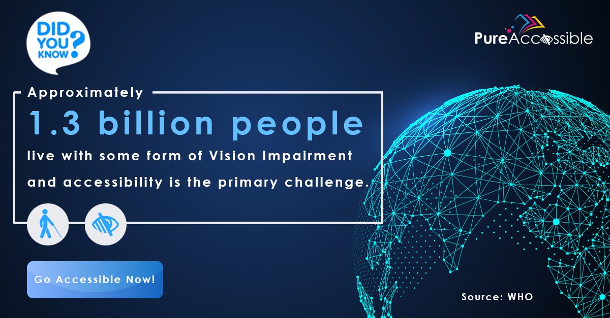 PureAccessible's tweet photo. According to @WHO, 1.3 billion people live with some form of vision impairment. Are you making your files &amp; #documents accessible for them? 

Learn More: https://t.co/fApOjLP5Wu

#PDF #Accessibility #DigitalAccessibility #ThursdayThoughts #ThursdayMotivation #Document #Disability https://t.co/vNNbDF5T6q