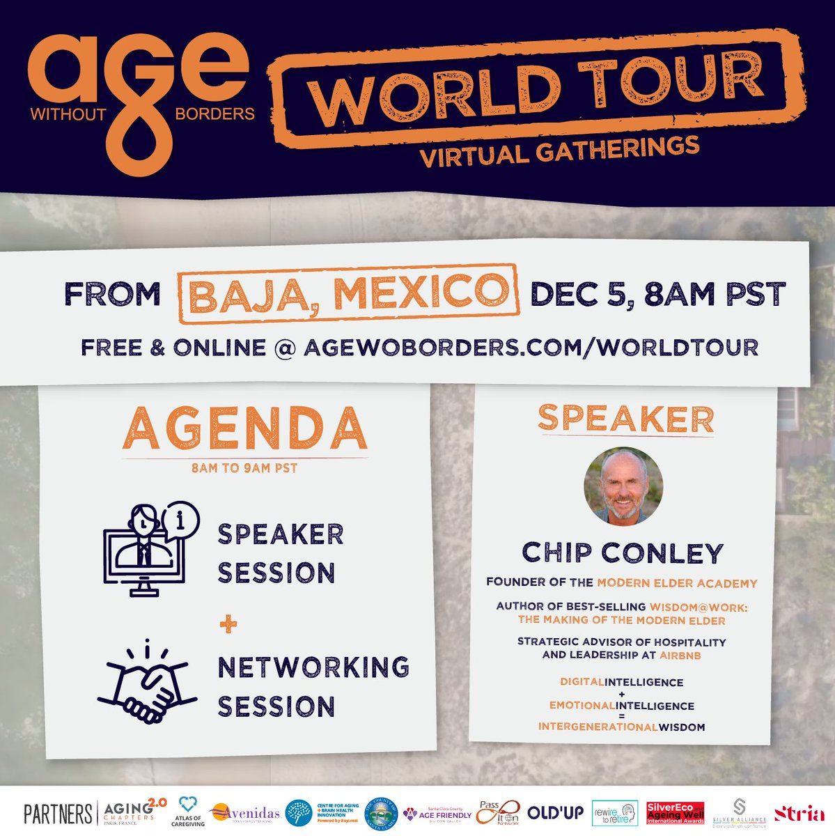 agewoborders's tweet photo. Reserve your virtual seat now at https://t.co/2VOmAbVMRs to network with leaders in aging and longevity, as well as learn everything about how to become a #ModernElder with special guest @ChipConley ! https://t.co/cD9GknOX5I