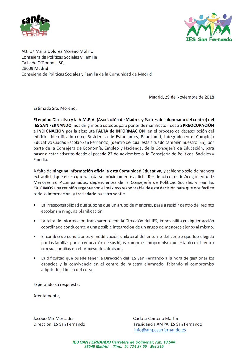 AMPASanFernando's tweet photo. La comunidad educativa del #Sanfer, Dirección y AMPA unid@s, exigimos información @R_vanGrieken @CoralBaez2 @Lola_Moreno__ #AntonioPáramoDeSantiago #AMPAIESSanfer https://t.co/vkuC8kKt21 https://t.co/uQIxQudzQl