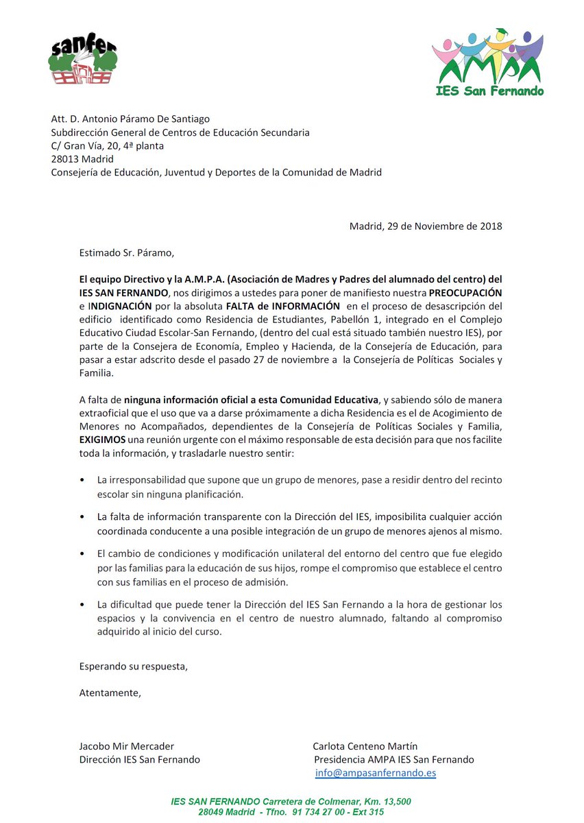 AMPASanFernando's tweet photo. La comunidad educativa del #Sanfer, Dirección y AMPA unid@s, exigimos información @R_vanGrieken @CoralBaez2 @Lola_Moreno__ #AntonioPáramoDeSantiago #AMPAIESSanfer https://t.co/vkuC8kKt21 https://t.co/uQIxQudzQl