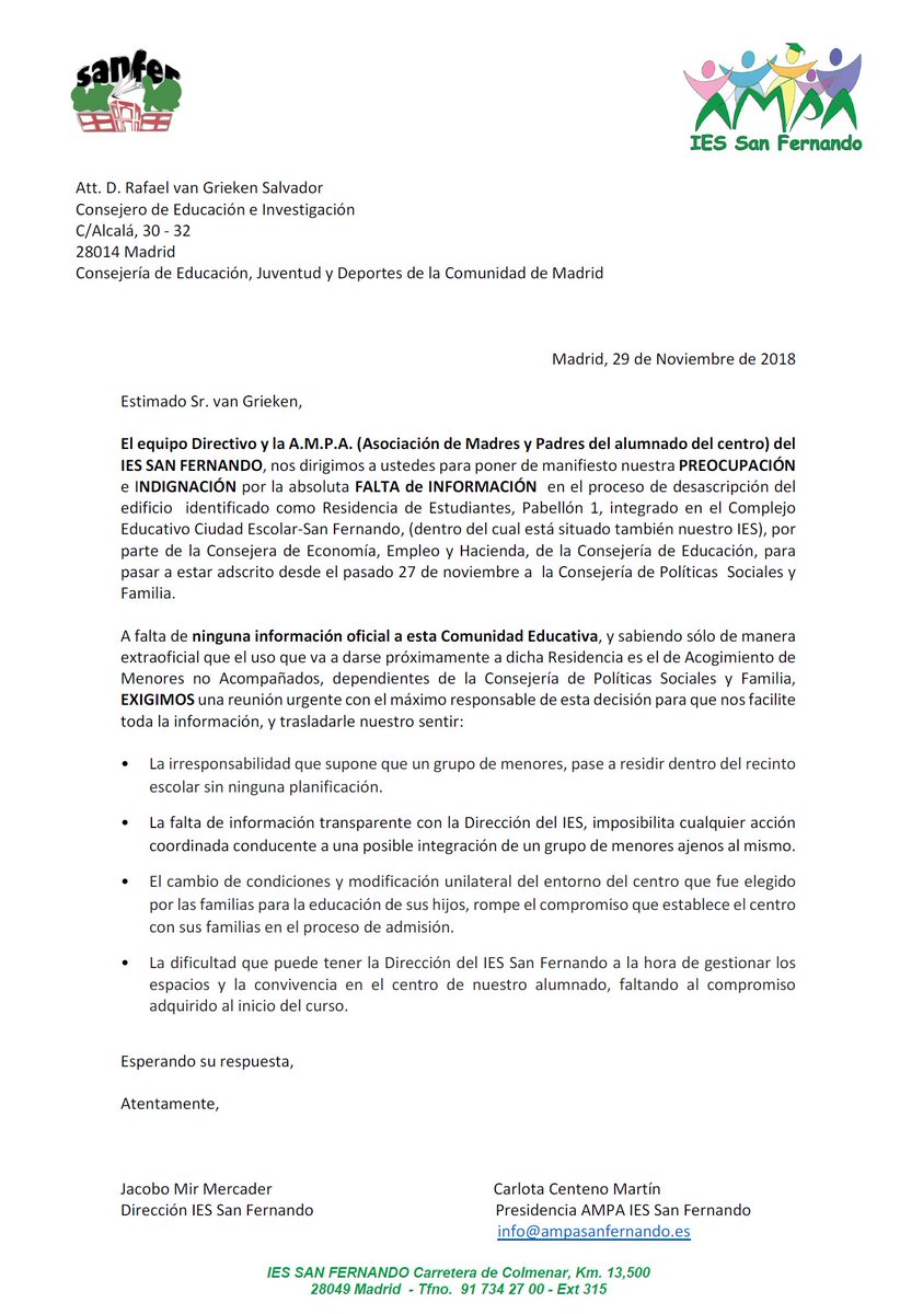 La comunidad educativa del #Sanfer, Dirección y AMPA unid@s, exigimos información <a href="/R_vanGrieken/">Rafael van Grieken Salvador</a> <a href="/CoralBaez2/">Coral Báez Otermín</a> <a href="/Lola_Moreno__/">Lola Moreno</a>  #AntonioPáramoDeSantiago #AMPAIESSanfer ampasanfernando.es/724-2