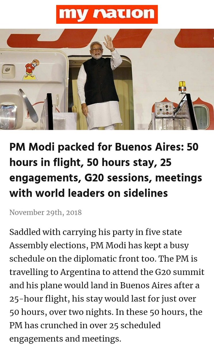 DattaVikramjit's tweet image. PM Modi packed for Buenos Aires: 50 hours in flight, 50 hours stay, 25 engagements, G20 sessions, meetings with world leaders on sidelines
#ModiNationPride
#ModiFor2019