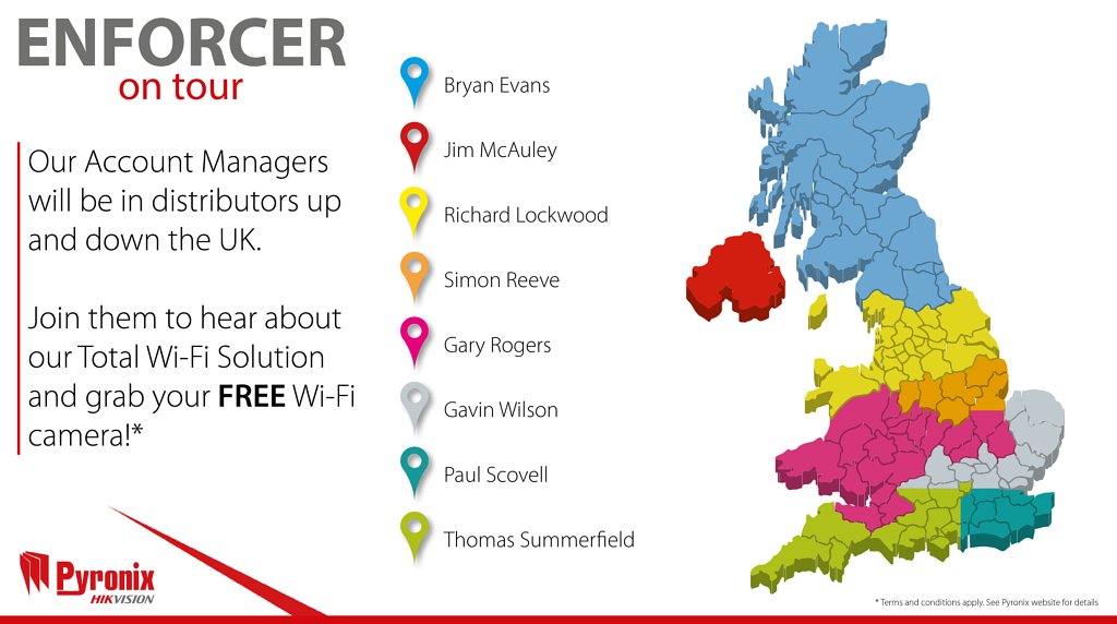 Pyronix's tweet image. Have you attended our #EnforcerOnTour yet to learn how our Total Wireless #Solution can benefit your business &amp;amp; claim a FREE* (*T&amp;amp;Cs apply) Wi-Fi camera!? Don't miss out, our Account Managers have dates across the #UK throughout December: buff.ly/2DRhyuL #security