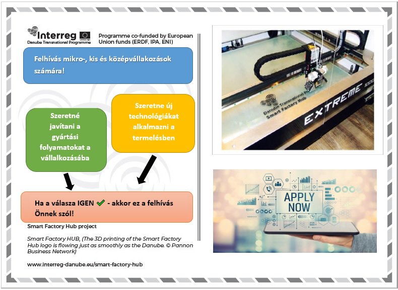 PBNHungary's tweet image. A @SmartFactoryHUB projekt fehívást hírdet mikro-, kis és középvállakozások számára!
A felhívás célja “okos” és innovatív megoldások bevezetése a termelési folyamatokba.
📅Jelentkezési határidő : 2019. január 18 -15:00 
📑Részletes tájékoztató:bit.ly/2zrUJK8
#PBNhungary