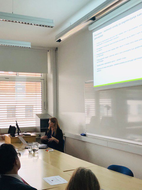 TRANSLAT's tweet photo. Our team held a lecture on the importance of QA tools at the Faculty of Arts, UL, in the framework of a pilot project for the Department of Translation students.
#pilotprojects #students #lectures #professors #UniversityOfLjubljana 
#tools #translationtools #QAtools https://t.co/p8ulsU4sCp