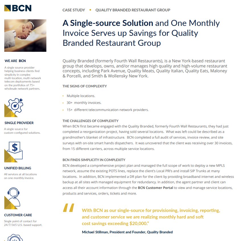 BCNTelecom1's tweet photo. "With BCN as our single-source for provisioning, invoicing, reporting, and customer service we are realizing monthly hard and soft cost savings exceeding $20,000.” Michael Stillman, President and Founder, Quality Branded Restaurant Group. #techsolutions https://t.co/cIuVG1NTOM https://t.co/vU1XE22hQ8
