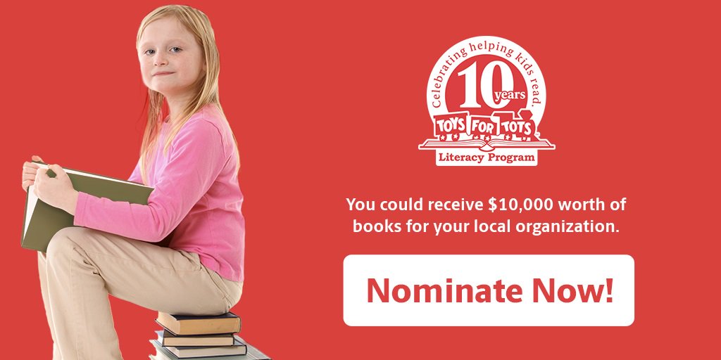 ToysForTots_USA's tweet photo. Don’t forget to nominate your favorite organization for @TheUPSStore 10th Anniversary Toys for Tots Literacy Program Book Giveaway. 10 organizations will receive $10,000 in books to help less fortunate children. Nominate at https://t.co/HrAjpgqErb https://t.co/OPYCZbZeqY