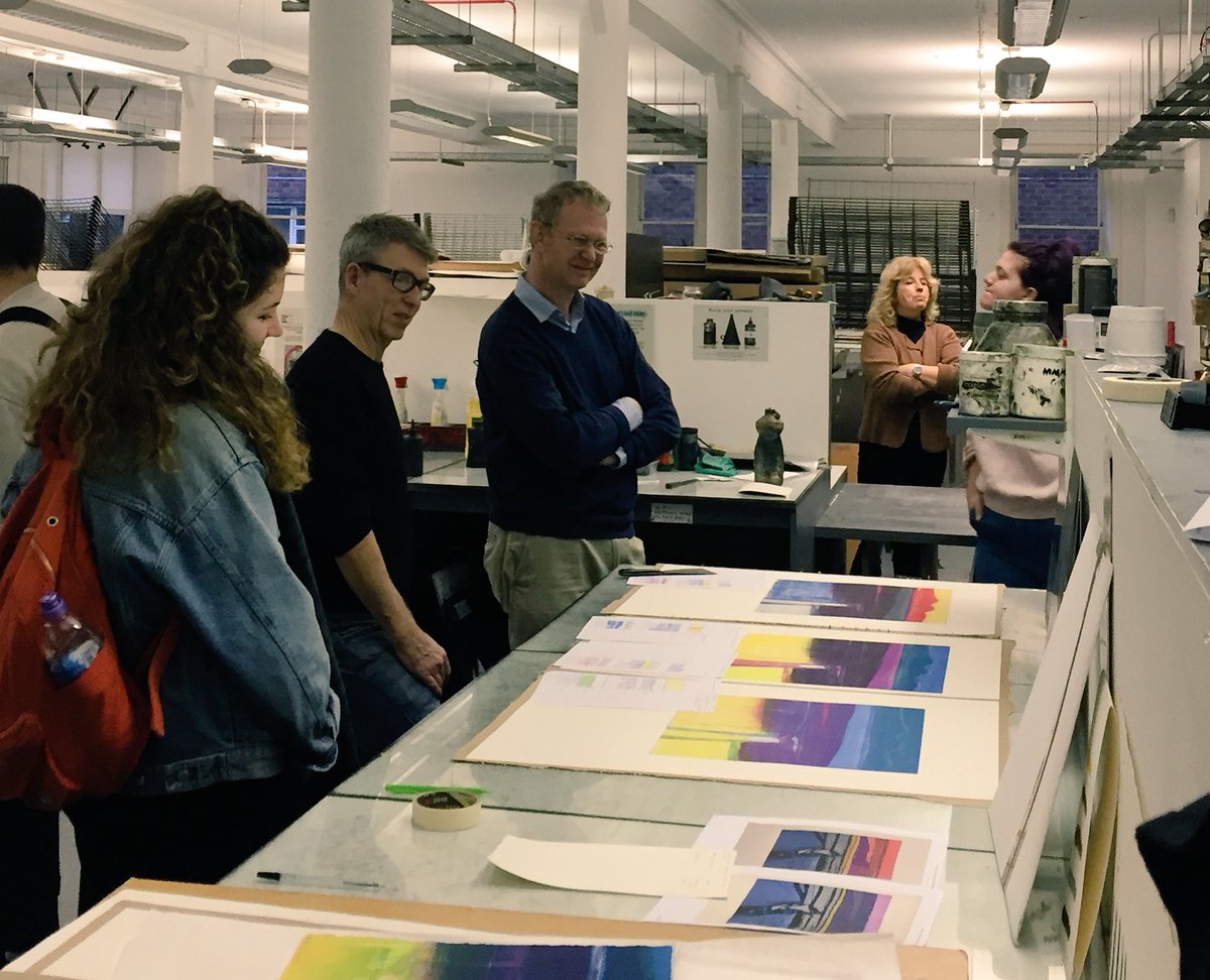 LissieHughes's tweet photo. Thank you @GlasPrintStudio for giving our @UofGlasgow #printcollecting &amp; #printmaking students an amazing tour- such a treat to see prints in progress by #KenCurrie &amp; #BarbaraRae! I loved this #AdrianWiszniewski woodblock &amp; the early state by #ElizabethBlackadder in your archive https://t.co/F5g9ELIaEh