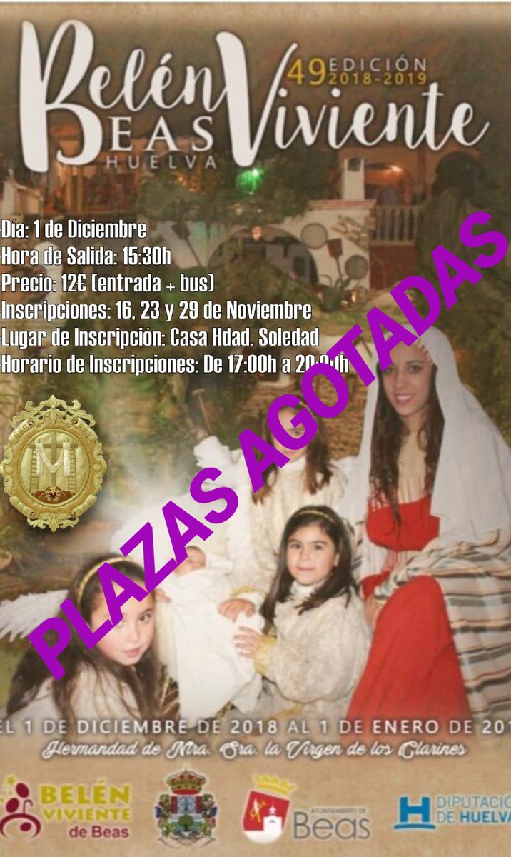 Informamos que esta tarde no estaremos de inscripciones en la casa hermandad ya que se han agotado las plazas para la visita al Belén Viviente de Beas del próximo sábado día 1 de Diciembre. Si hubiera alguna plaza por baja de última hora se publicará en nuestras redes sociales💜