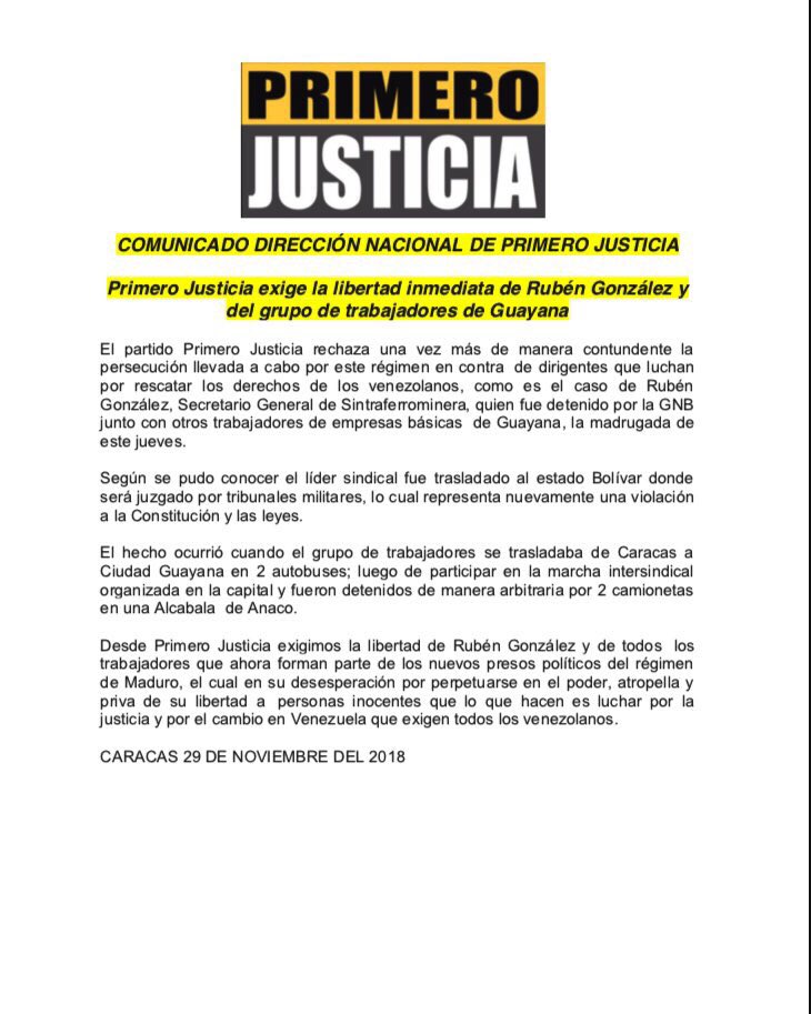 Pr1meroJusticia's tweet photo. Exigimos la liberación inmediata de Ruben González y los trabajadores de Guayana quienes fueron detenidos luego de que participaran en Caracas en la marcha intersindical para exigir no solo mejoras laborales sino un cambio de gobierno #ComunicadoPJ #MaduroPersigueALosObreros https://t.co/F8URTUHKgx