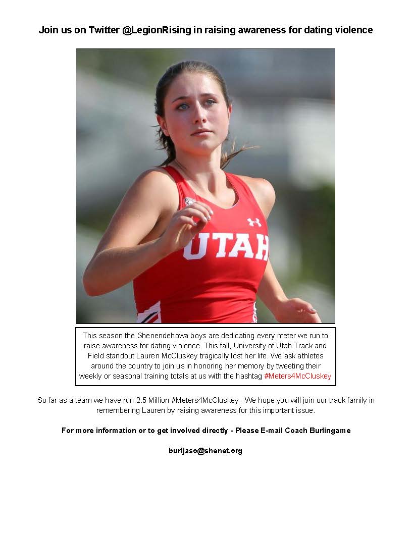 ShenNews's tweet photo. Shen boys track team is dedicating every meter they run to raise awareness about dating violence in honor of Lauren McCluskey, University of Utah, who tragically lost her life. Athletes around the country can join by tweeting  training totals w/hashtag #Meters4McCluskey https://t.co/tDtEVgQKFn