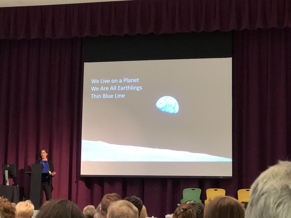 SustainSara's tweet photo. We live on a planet. We are all earthlings. Thin blue line. #SCW2018 our keynote speaker astronaut Nicole Stott kicking us off. https://t.co/L5tUpifw4U