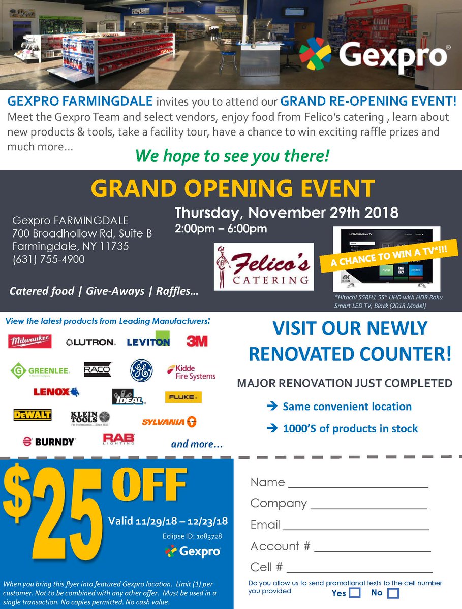 RexelNortheast's tweet photo. And the Branch Resets continue!  Today is our GEXPRO Farmingdale, NY Branch's Grand Reopening!  Join us from 2:00-6:00PM for raffles, vendors, facility tours and eats from Felica's Catering!  We can't wait to show off our latest reset space!  #BranchReset #Gexpro #FarmingdaleNY https://t.co/ZaJWIL2kYi