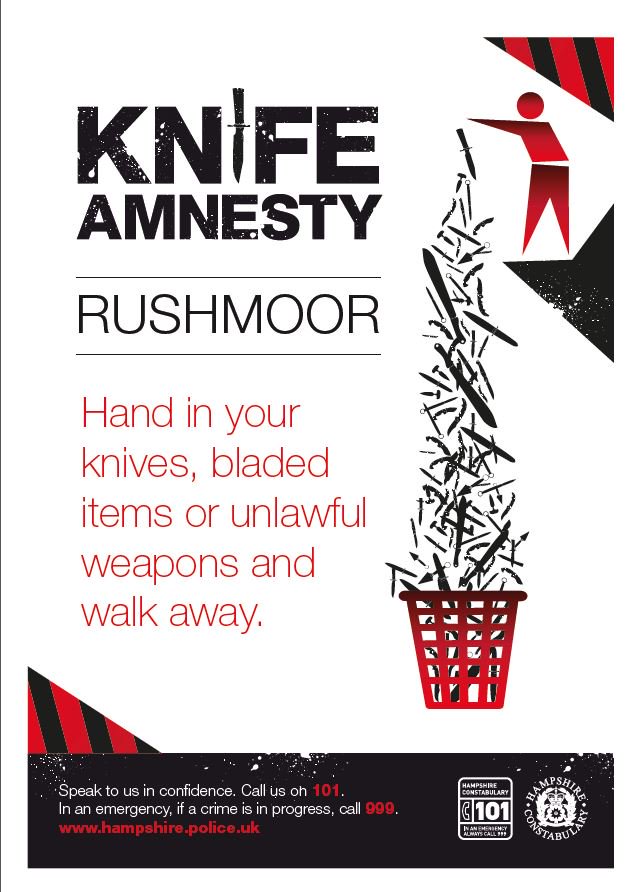 There's only a few more days left to put your knives and bladed articles in our amnesty bin in #Aldershot Police Station.

As part of our Knife Amnesty Week in #Rushmoor the bin will be in place until Sunday.

Visit mymsg.eu/5bjw for more information.

#KnifeAmnesty