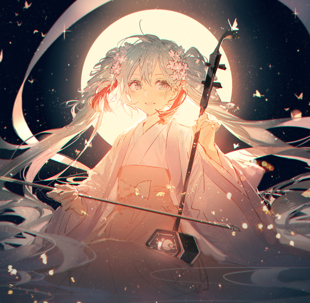 hatsune miku 1girl moon solo hair flower flower hair ornament twintails  illustration images