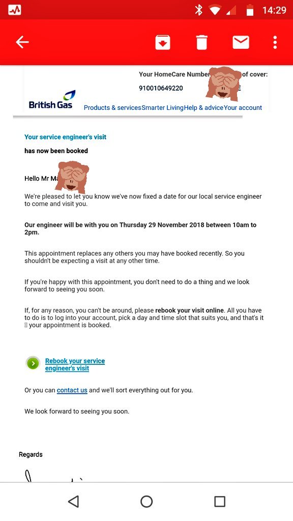 Markianperry's tweet photo. So, @BritishGas according to customer services apparently the reason why no service engineer turned up today is because I didn't/ and never have hadan appointment! Despite the email below and me checking the app this morning saying I did, but now it says I don't! Waste of my day. https://t.co/NauvTCPrvp