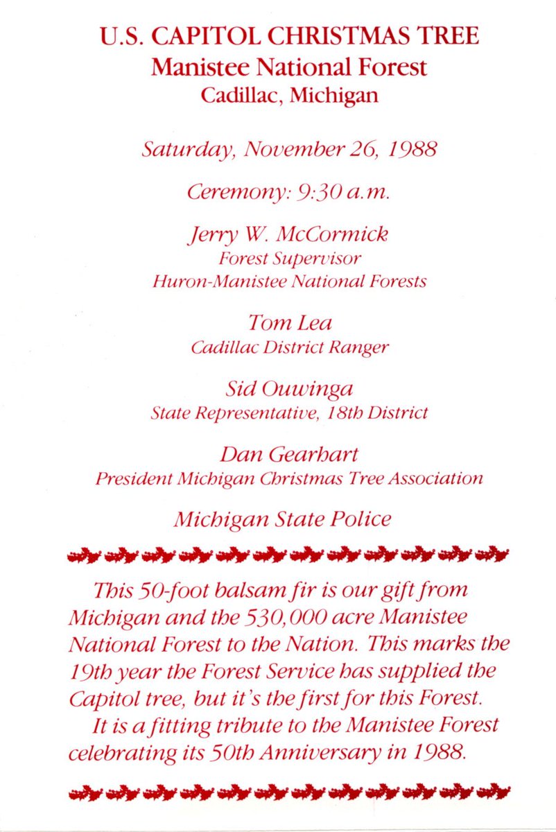 foresthistory's tweet photo. #ThrowbackThursday In 1988 the U.S. Capitol Christmas Tree - a 50-foot balsam fir - was provided by the Manistee National Forest in Michigan 🌲
#Manistee #capitoltree #christmastree #Michigan #TBT @USCapitolTree https://t.co/rQFFWpYZfb